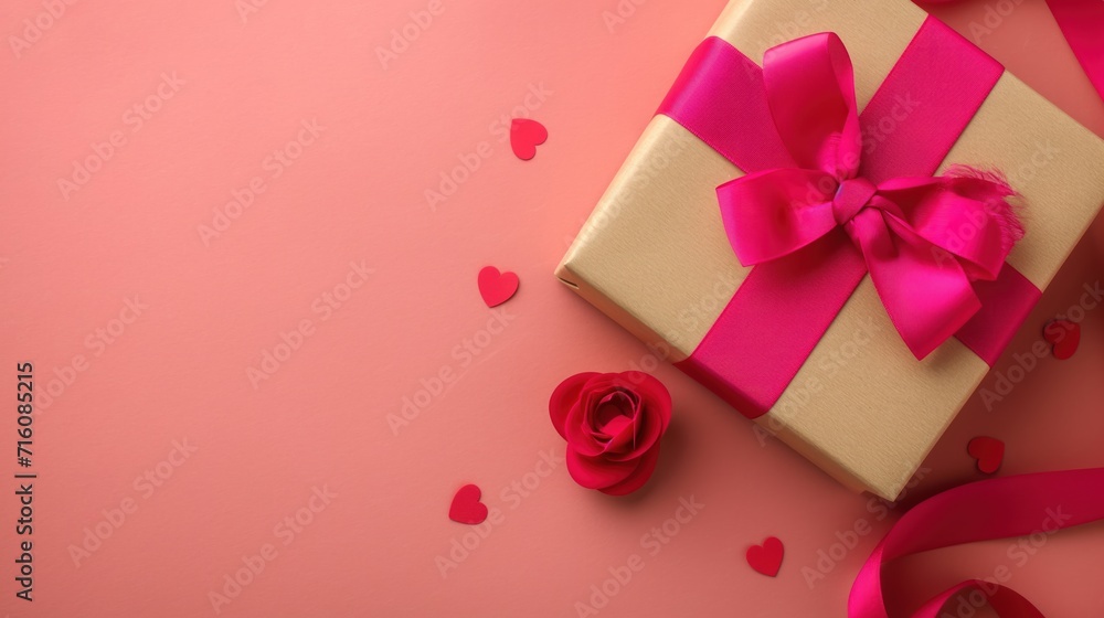 Kraft gift box with beautiful red and pink ribbon, concept of Valentine, birthday, mother's day and anniversary greeting, copyspace, topview. Kraft gift box with beautiful red and pink ribbon, concept of Valentine, birthday, mother's day and anniversary greeting, copyspace, topview.