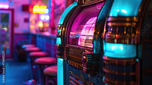 A vintage jukebox glowing with purple and blue neon lights playing oldies tunes photo