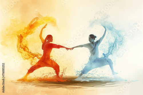 Abstract Tai Chi figures with elemental water and fire