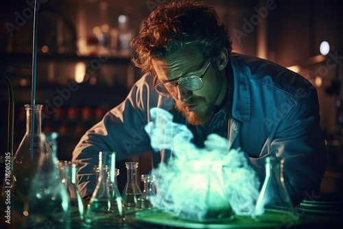 A scientist observes a chemical reaction through a glass beaker, witnessing the transformative process that occurs within the controlled environment of the laboratory. Generative Ai.