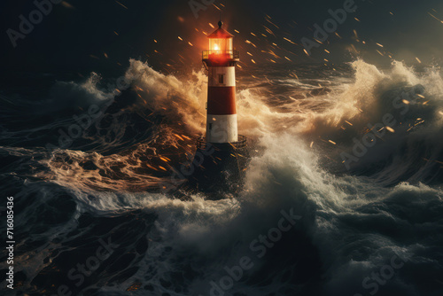 A lighthouse beacon cuts through the darkness, guiding ships safely through the tumultuous waves, symbolizing the unwavering strength and guidance of a light in the dark. Generative Ai.