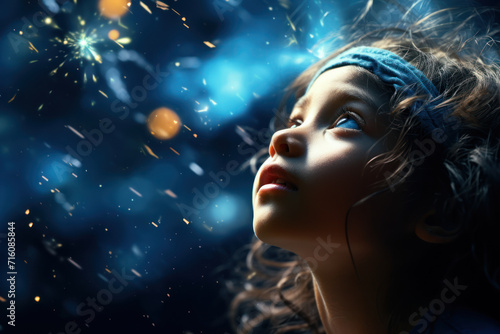 A child's eyes widen with wonder as they gaze at a sky full of stars, captivated by the vastness and mystery of the cosmos. Concept of youthful celestial fascination. Generative Ai.