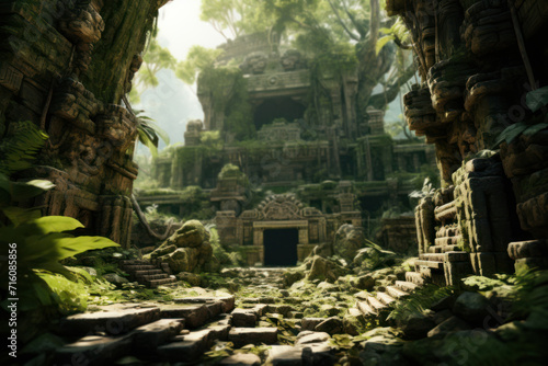 An ancient ruin emerges from the thick jungle, evoking a sense of awe and curiosity as it stands as a testament to the wonders of civilizations long past.  Generative Ai. © Sebastian