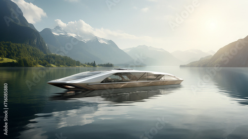 a solar-powered boat gently sailing on the crystal clear lake