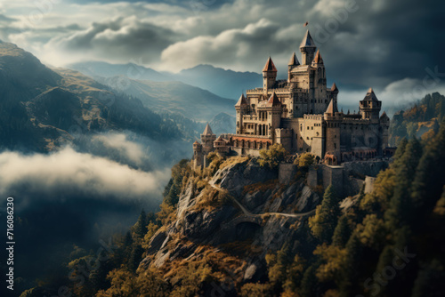 A medieval castle stands atop a hill  shrouded in mist and surrounded by an air of mystery that prompts contemplation and wonder at historical tales.  Generative Ai.