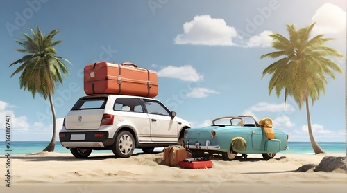 3d render of car on a beach with suitcases in the overload on the roof summer vacation concept, with palm trees   © Shahabuddin