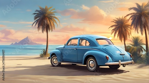 A blue vintage car parked on a sandy beach with palm trees and sunset happy vibes in background