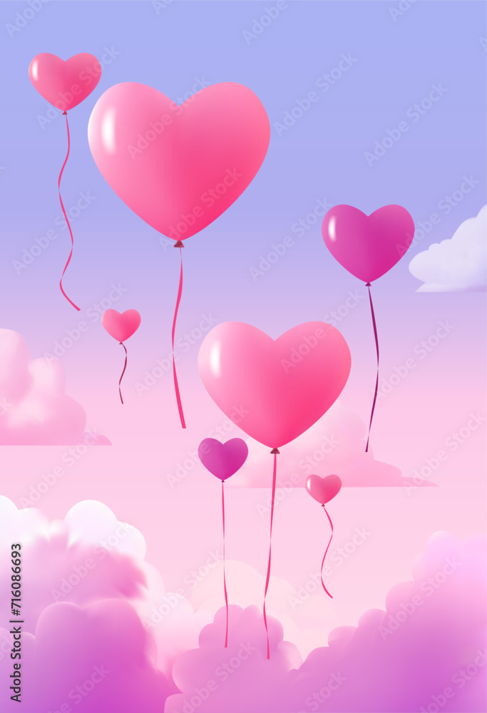 pink air balloons in heart shape flying in sky happy valentine day greeting card shopping poster or voucher holiday celebration