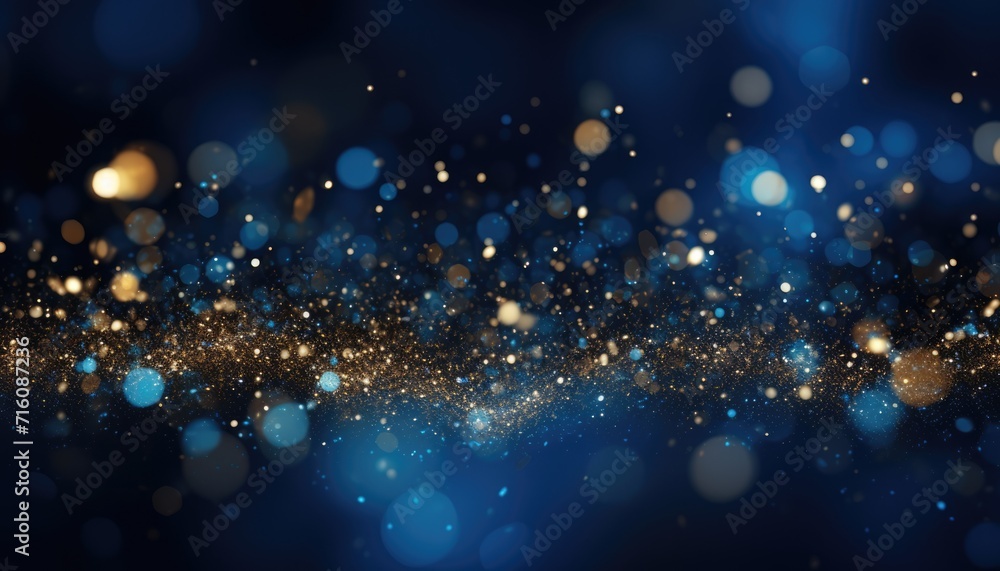 Neon Blue Light With Gold Particles on Abstract Sparkles Bokeh Background.