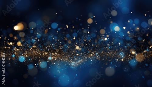 Neon Blue Light With Gold Particles on Abstract Sparkles Bokeh Background.