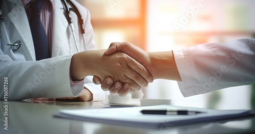 A close up handshake a doctor and a patient in a medical office with clean. sitting on the desk in office. Generative AI. photo