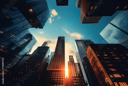 Architectural Photography in City Buildings. Modern business skyscrapers at sunset in the city. Generative AI.