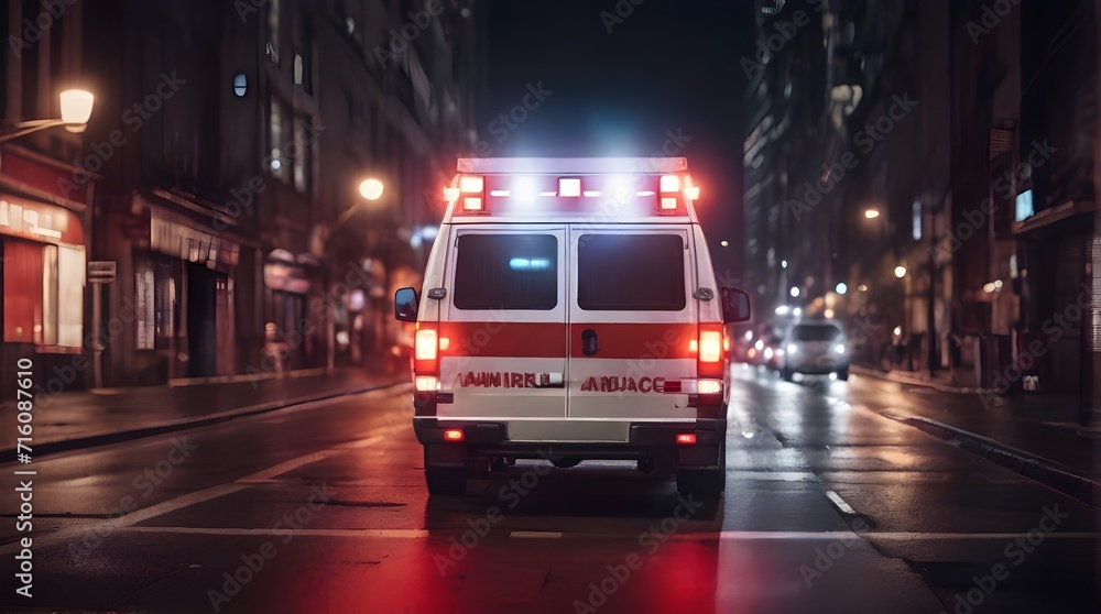 A emergency ambulance car driving with flashing red lights on through the wide city street at night