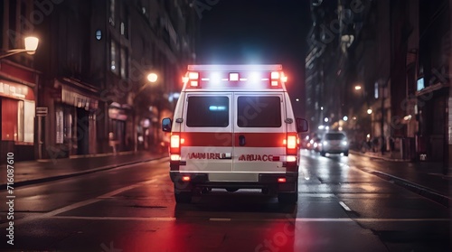 A emergency ambulance car driving with flashing red lights on through the wide city street at night photo