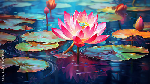 vibrant blooming lotus flower on a still pond