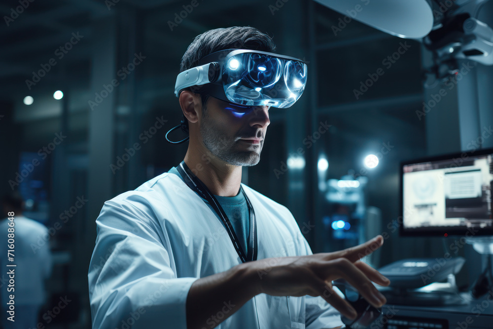A doctor using virtual reality to simulate surgery, showcasing the use of advanced technology in medicine. Concept of technological advancement in healthcare. Generative Ai. A doctor using virtual reality to simulate surgery, showcasing the use of advanced technology in medicine. Concept of technological advancement in healthcare. Generative Ai.
