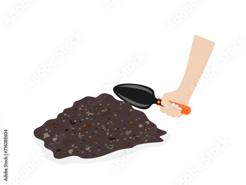 Shoveling soil on a white background.