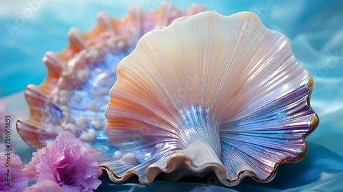 Close up of a lustrous seashell with vibrant patterns and iridescent colors in natural light