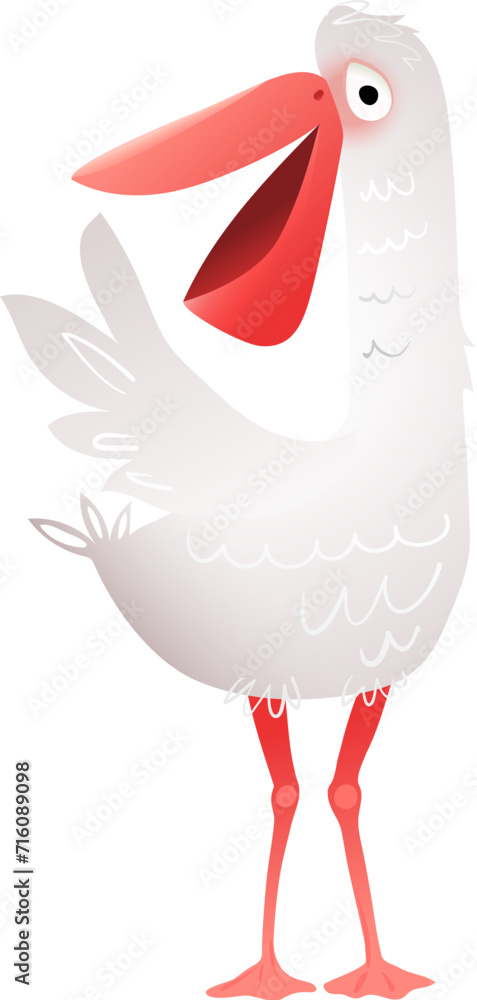 Obraz premium Funny silly pelican greeting character cartoon for kids. Cheerful childish pelican bird, clipart drawing. Vector hand drawn bird character illustration in quirky style, character design for children.