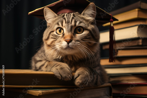 A cat wearing a tiny graduation cap sitting atop a pile of books, looking utterly confused. Concept of humorous incongruity. Generative Ai. photo