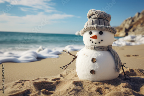 A snowman on a beach  humorously out of place and looking confused. Concept of out-of-place humor. Generative Ai.