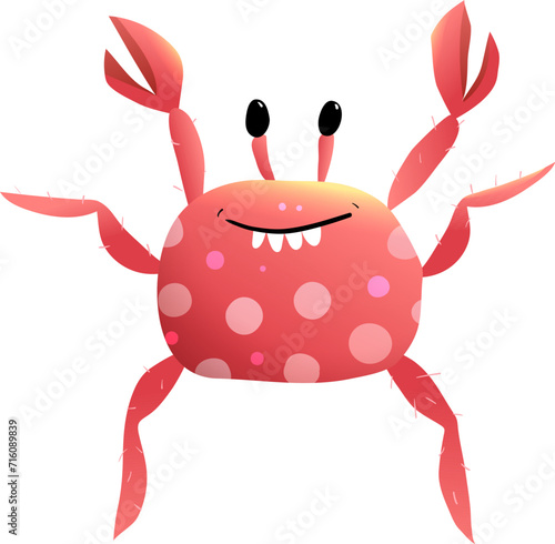 Funny silly crab character clipart cartoon for kids. Cheerful childish comic underwater shell animal drawing. Vector hand drawn illustration in watercolor style, character design for children.