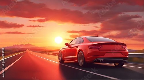 A red car driving on highway with a sunset in the background. banner composition, 3D illustration