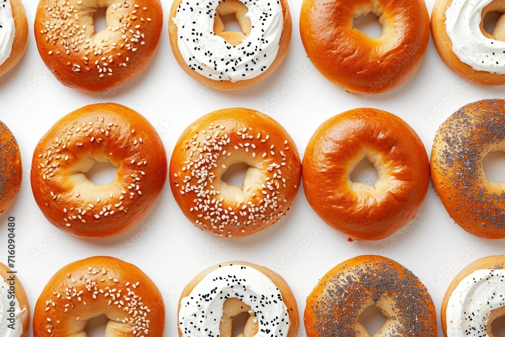 Bagels with cream cheese on white background viewed from above Bagels with cream cheese on white background viewed from above