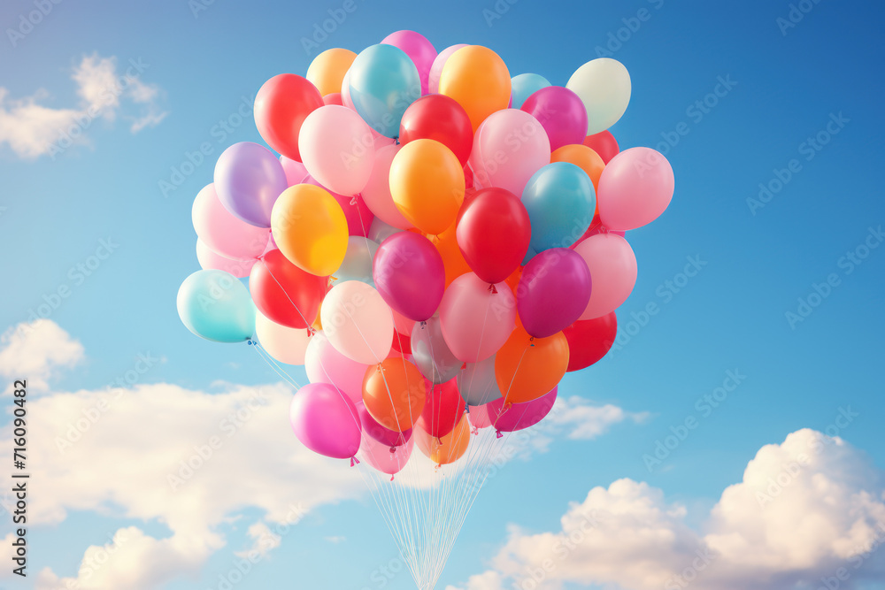 A series of colorful balloons drifting away into the sky, representing the release of burdens and lightness of being. Concept of emotional release. Generative Ai.