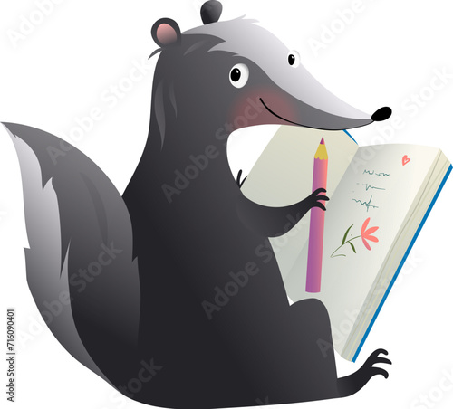 Skunk drawing a picture in forest, animal school for art and craft or writing in journal. Art and craft activity, diary clipart for kids education. Isolated animal for children. Vector illustration.