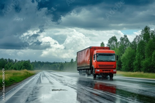 Rain intensifying road conditions truck navigating under cloudy sky © LimeSky
