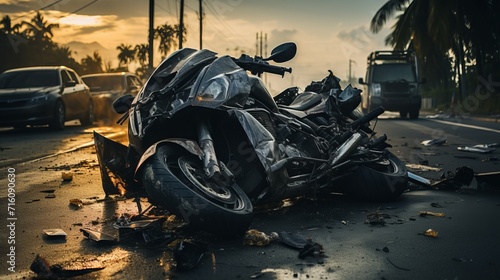 Close up of a motorcycle accident on the road with scattered debris and emergency responders present