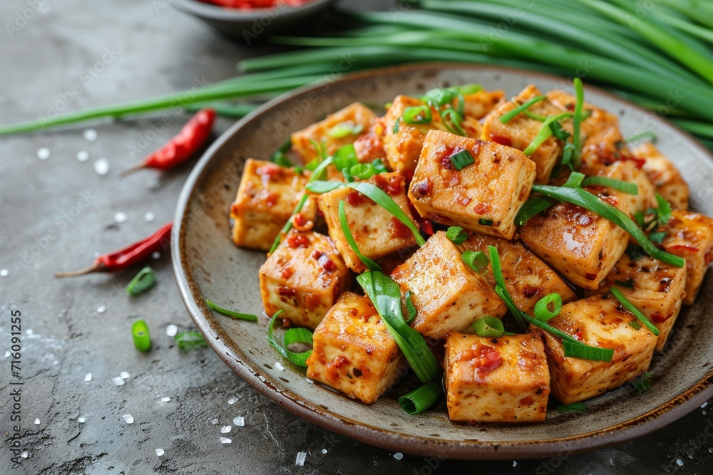 Vegan and vegetarian healthy food Tofu fried in flour sautéed with chili scallions garlic and salt served crispy Vegan and vegetarian healthy food Tofu fried in flour sautéed with chili scallions garlic and salt served crispy