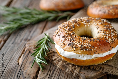 Herbed cream cheese on a rustic wood table with a delicious bagel