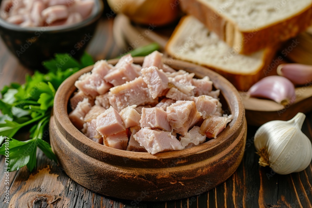 Traditional Ukrainian food raw chopped pork lard garlic rye bread on wooden background Fresh chunk of fat Traditional Ukrainian food raw chopped pork lard garlic rye bread on wooden background Fresh chunk of fat