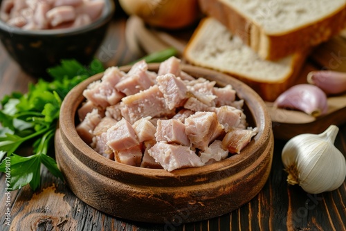 Traditional Ukrainian food raw chopped pork lard garlic rye bread on wooden background Fresh chunk of fat