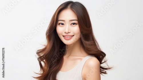 Beautiful Asian Singaporean Woman Portrait Studio Photo Photography Profile Picture Young Model with Long Hair for Fashion Beauty Skincare Haircare Products on Light Solid Color Background 16 9