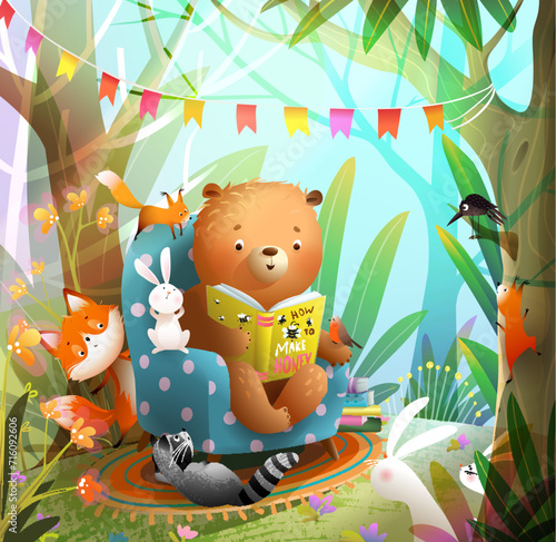 Cute bear reading or studying a book with animals in forest among trees and nature. Fox bunny squirrel and raccoon listening to a story. Vector cartoon illustration for children book.