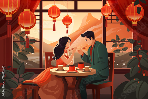asian man woman lovers sitting at table in chinese restaurant happy valentines day celebration concept horizontal