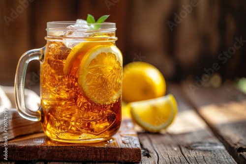 Iced tea with lemon in mason jar on rustic wooden background