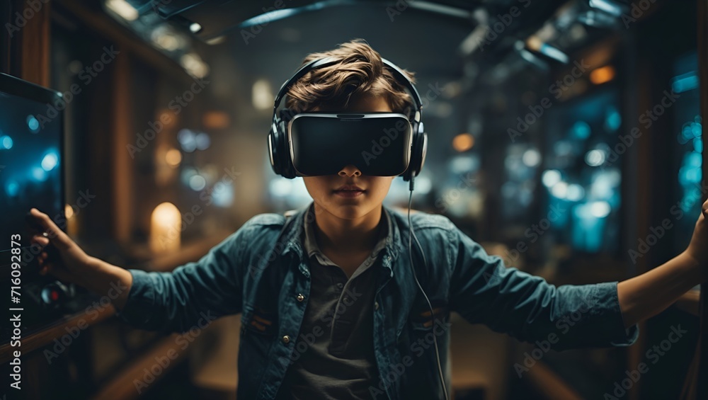 boy with headset playing with virtual reality boy with headset playing with virtual reality