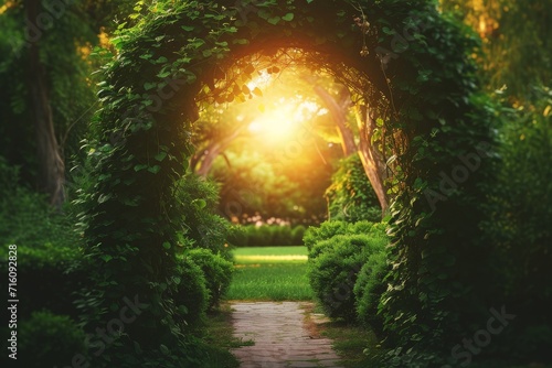 Sunlit garden entrance with magical tree backdrop