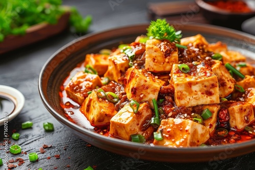 Mapo Tofu and Sichuan Tofu served with spicy and chili flavors on a plate Hong Kong Chinese Macao cuisines on restaurant menu
