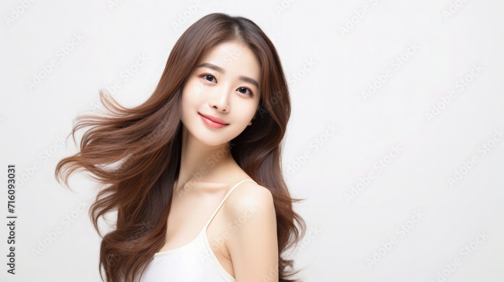 Beautiful Asian Taiwanese Woman Portrait Studio Photo Profile Picture Young Model with Long Hair for Fashion Beauty Skincare Haircare Products on Light Solid Color Background 16:9