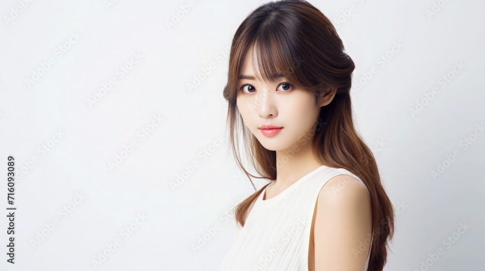 Beautiful Asian Taiwanese Woman Portrait Studio Photo Profile Picture Young Model with Long Hair for Fashion Beauty Skincare Haircare Products on Light Solid Color Background 16:9 Beautiful Asian Taiwanese Woman Portrait Studio Photo Profile Picture Young Model with Long Hair for Fashion Beauty Skincare Haircare Products on Light Solid Color Background 16:9