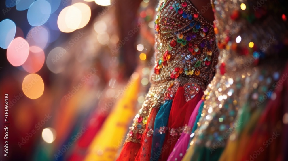 Closeup of intricate and colorful costumes worn by dancers at a cultural dance performance.