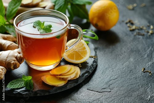 Ginger tea and ingredients arranged on a dark stone table representing still life food and healthcare with emphasis on selective focus