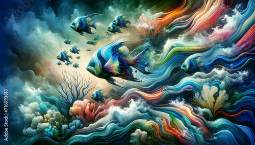 Fantastical Ocean Currents. Artistic rendering of colourful sea waves and fish. © AI Visual Vault