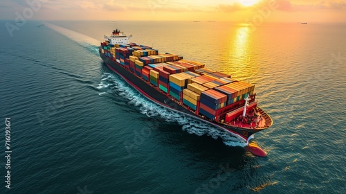 Aerial view of container cargo ship sailing on the open sea with beautiful scenic ocean background photo