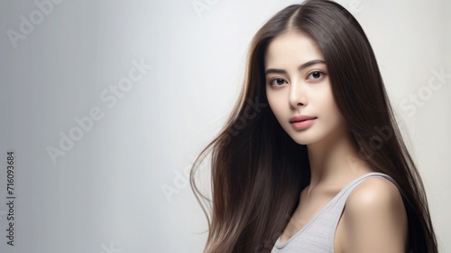 Beautiful Asian Thai Thailand Woman Portrait Studio Photo Photography Profile Picture Young Model with Long Hair for Fashion Beauty Skincare Haircare Products on Light Gray Solid Color Background 16:9